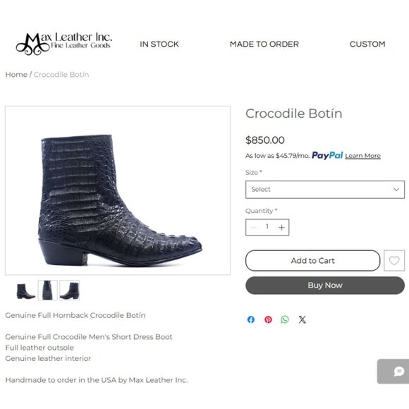 Max Leather Exotic Hornback Crocodile Cream Dress Boots Men 11 Handmade USA Shoe - Picture 9 of 16